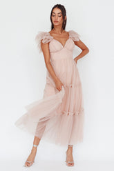 Amal Ruffle Shoulder Tulle Midi Dress Nude